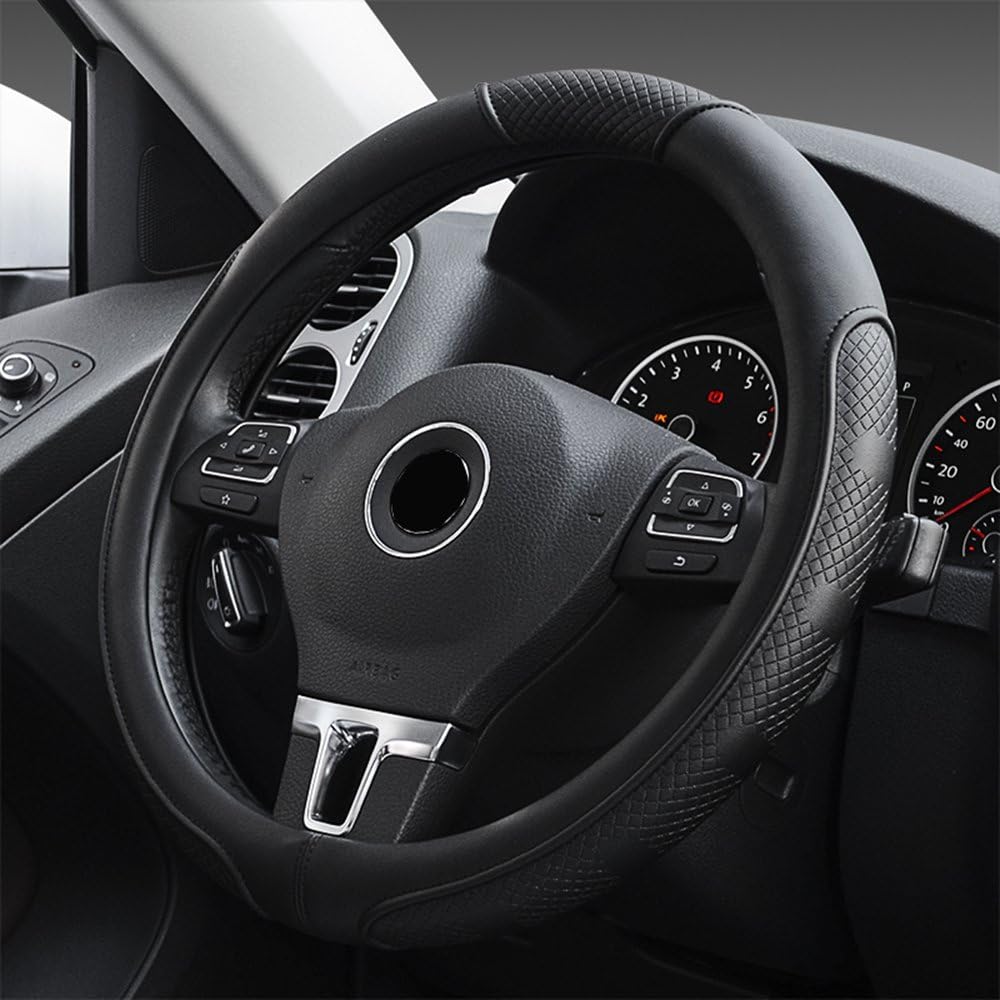 FLKAYJM Universal Fit Leather Car Steering Wheel Cover 37-38.5CM/15" Anti Slip Breathable Protector Car Accessory Heavy Duty Year Round Use for Truck SUV - Black