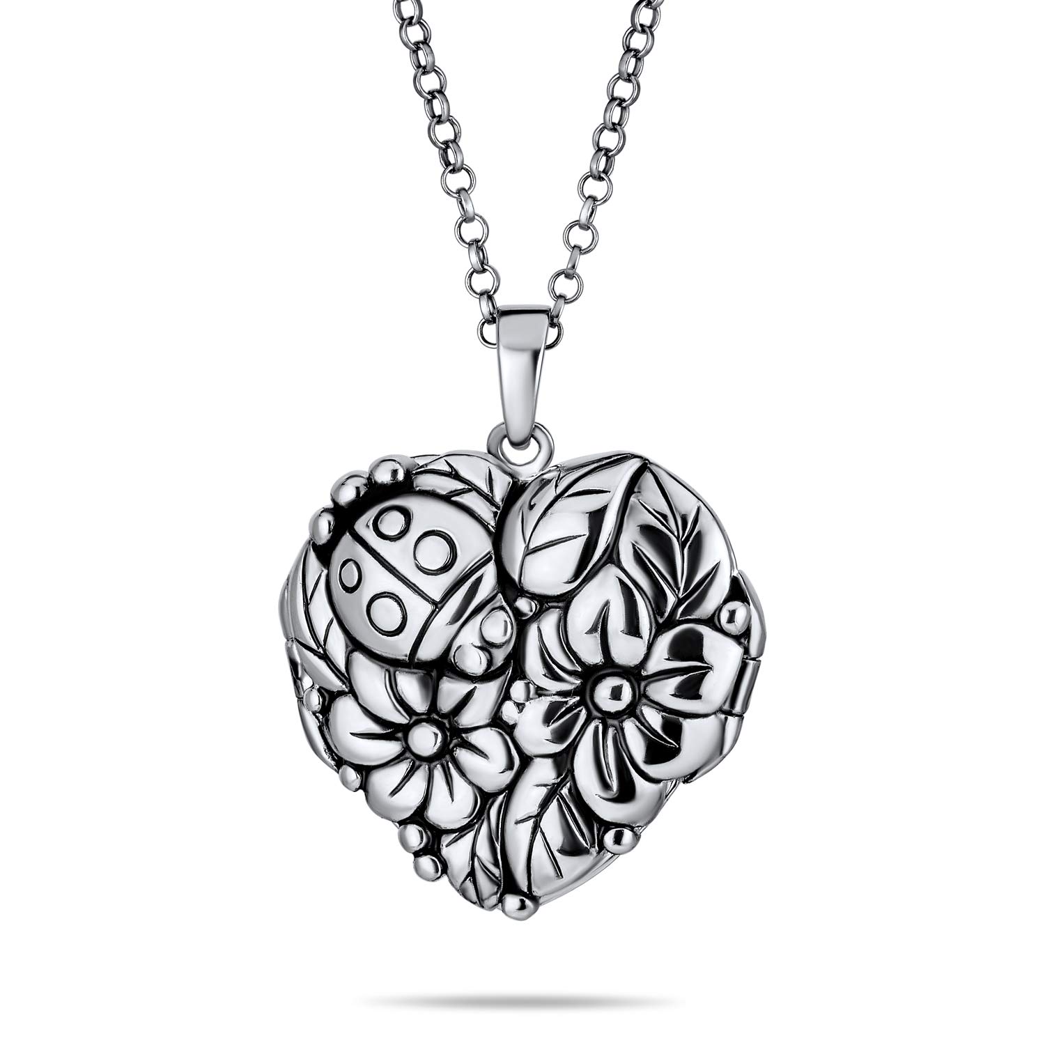 Bling Jewelry Personalized Carved Leaves Garden Lady Bug Flowers Heart Shape Locket For Women That Hold Photo Pictures Oxidized .925 Sterling Silver Locket Necklace Pendant Customizable