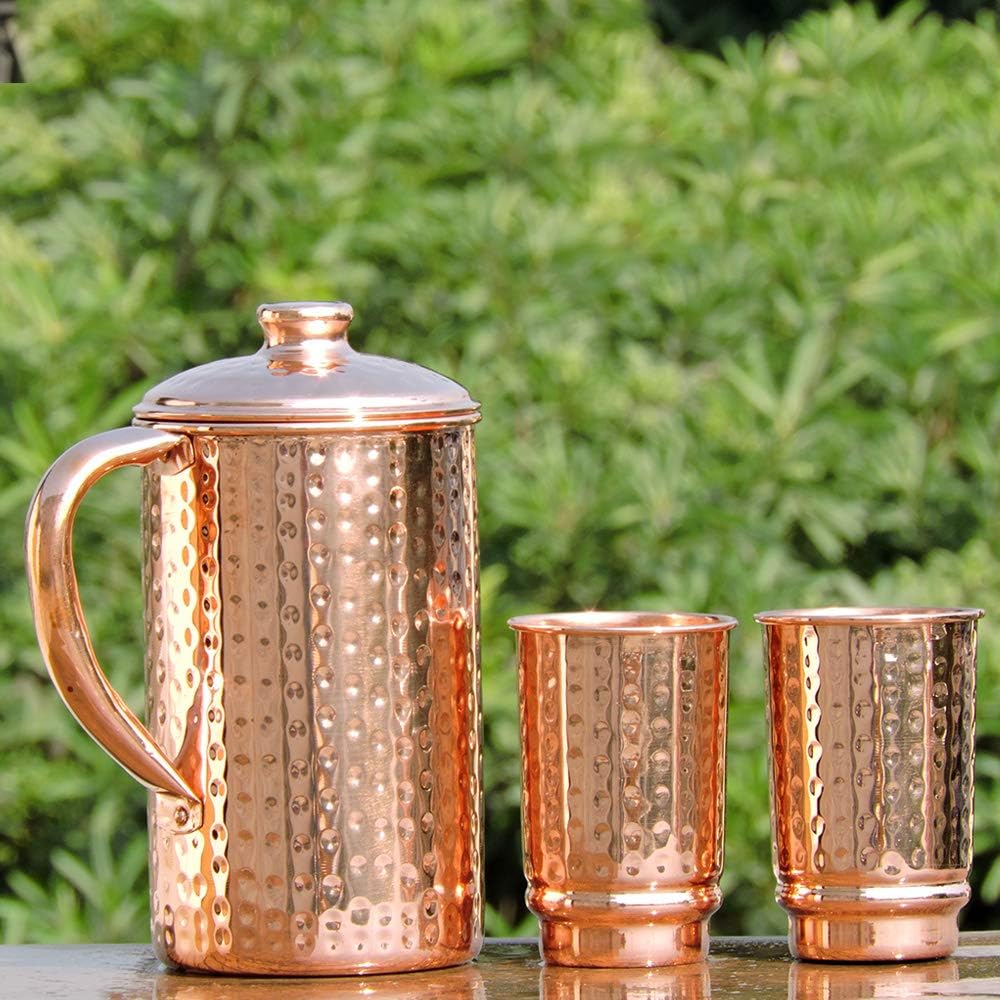 Pure Copper Ayurveda Pitcher and Tumbler Set - Hammered Design Jug with 2 Tumbers - Image 3