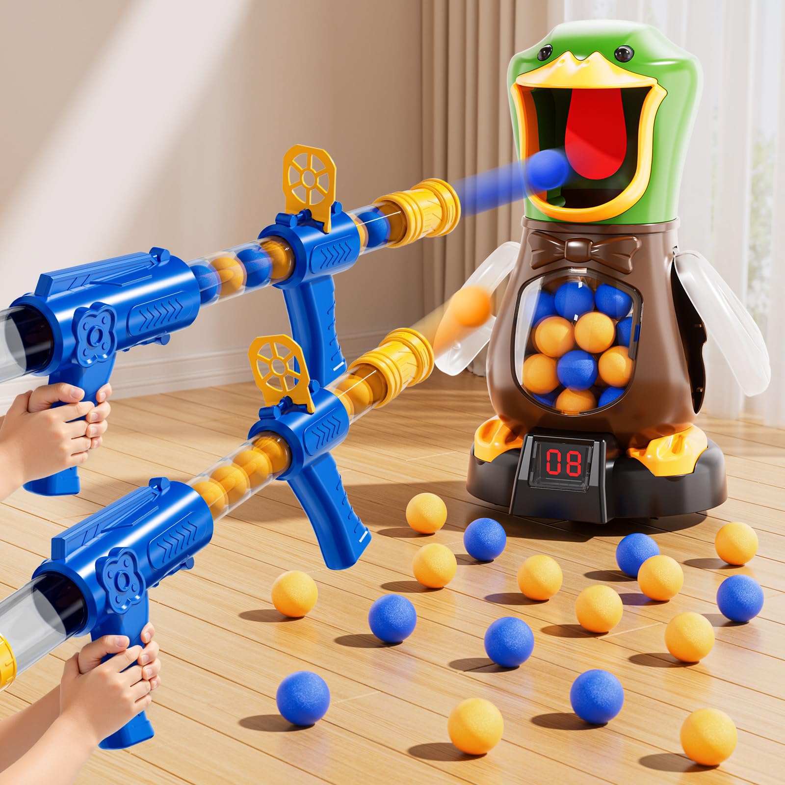 Photo 1 of NIPLOOOW Duck Shooting Toys for Kids 3-5, Movable Target Shooting Games with 2 Air Pump Launcher, LCD Score Record, Sound, 48 Foam Balls, Birthday Gift for Boys Girls Ages 3 4 5 6 7 8 Years Old