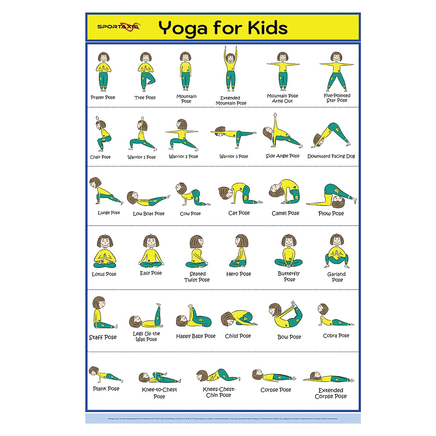 SPORTAXIS Kids Yoga Poster With Cute Illustrations - Toddler And Kids Yoga Exercises - 18X27