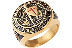 HZMAN Knights Templar Put On The Whole Armor of God Ephesians 6:13-17 Red Cross Design Men's Stainless Steel Ring