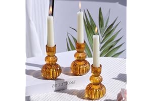 Woho Amber Taper Candle Holders 4.3" H for Halloween/Thanksgiving Decorations, Set of 3 Ribbed Glass Candlestick Holders Vintage for Fall Wedding, Boho Candle Sticks Holder Decor for Dining Table