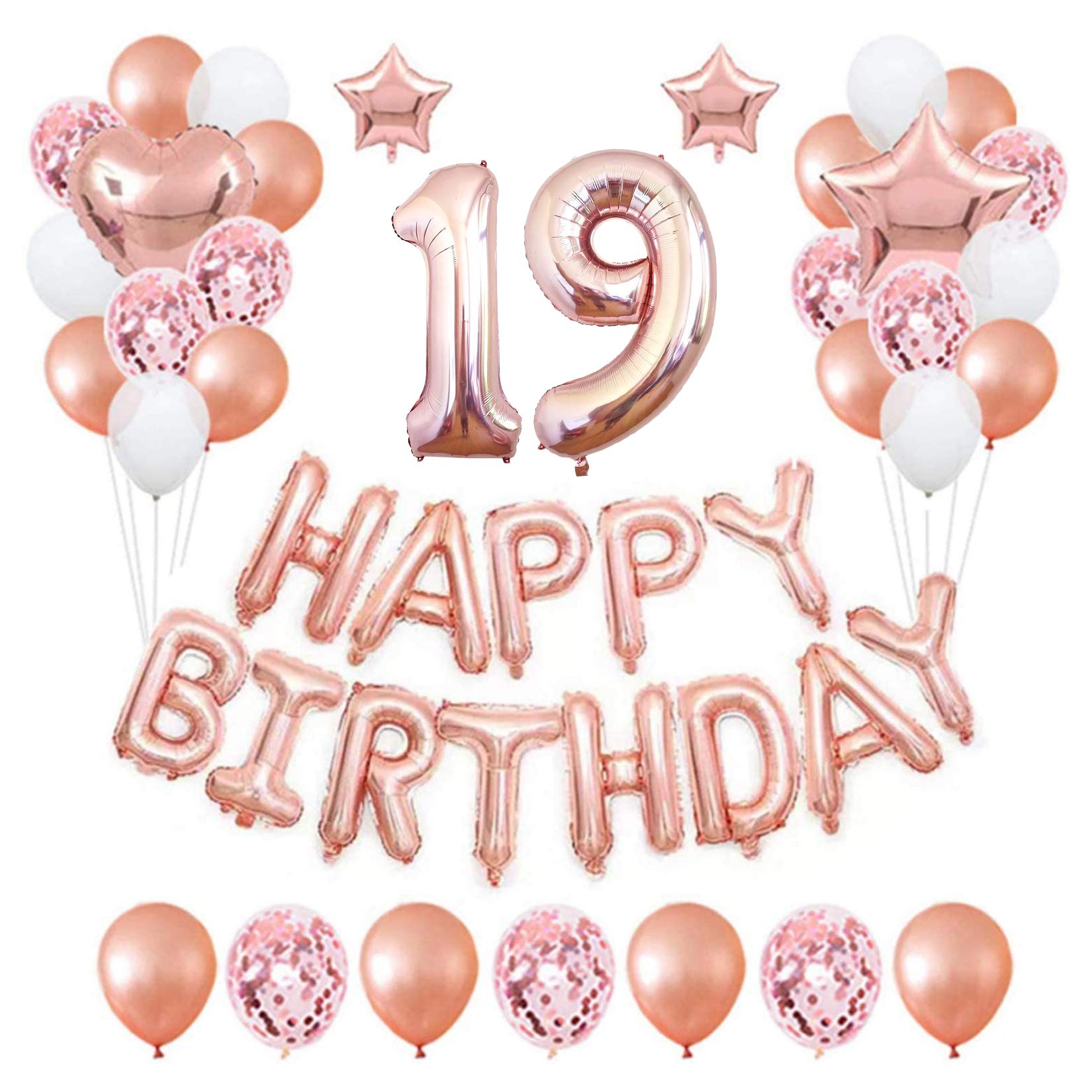 19th Rose Gold Birthday Party Decorations Pack 48PCS Banner Happy Birthday Decorations for Girls Women Party Supplies Happy Birthday Star Heart Rose Gold Foil Balloons Latex Balloons (19th)