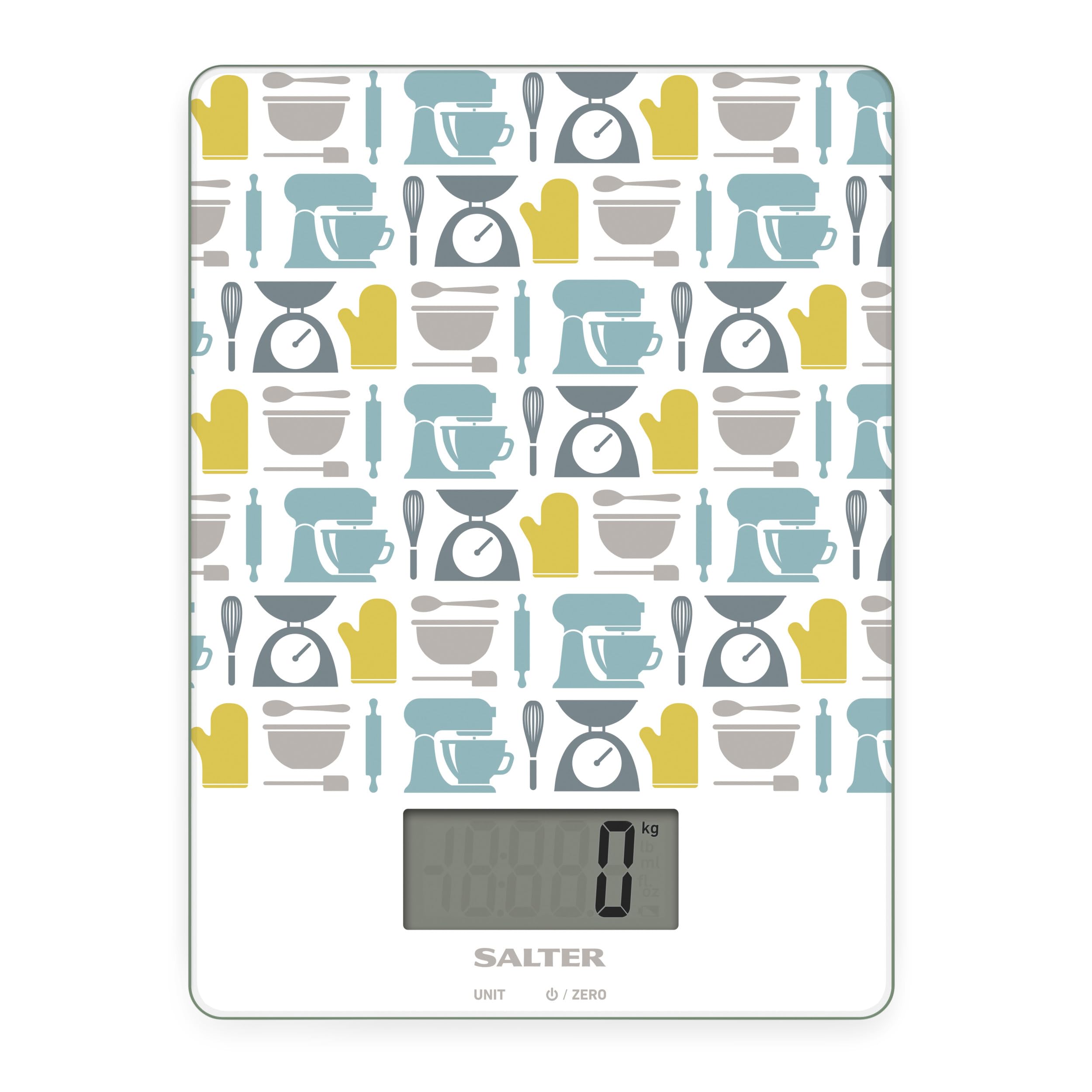 Salter 1102 GNBLDR Electronic Kitchen Scale, Digital Food Weighing Scales, Easy Clean Glass, Multifunctional For Liquids/Fluids, Baking Gadget Print, 5kg Capacity, 15 Year Guarantee, Battery Included