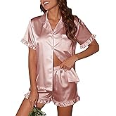 Ekouaer Satin Pajama Set for Women Button Down Silk 2 Piece Pj Sets Ruffle Short Sleeve Sleepwear