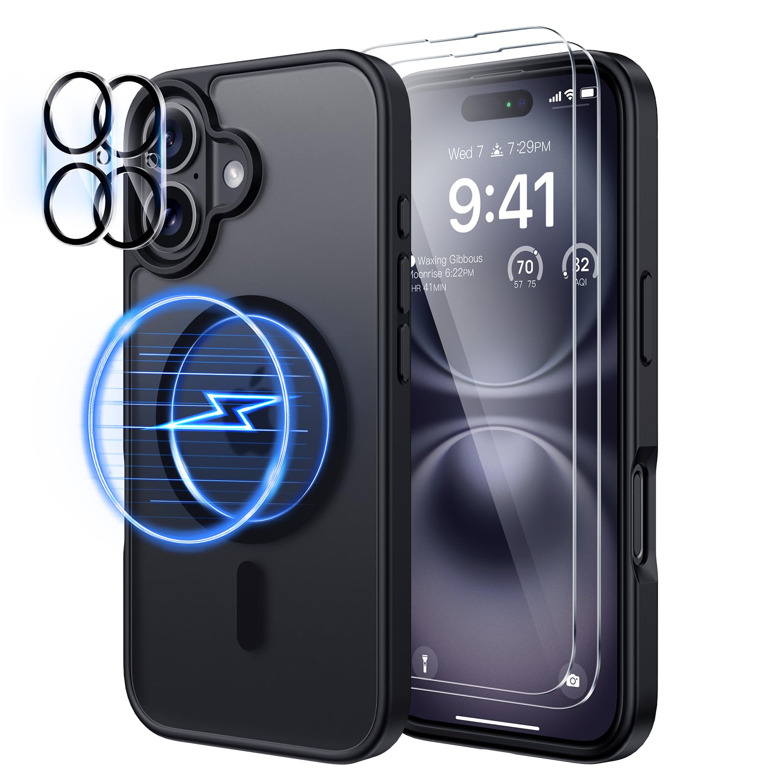 seacosmo 5 in 1 Magnetic for iPhone 16 Case with 2X HD Screen Protector + 2X Camera Lens Protector, [15 FT Grade Protection] Shockproof Phone Cover for iPhone 16 6.1 Inch, Matte Black