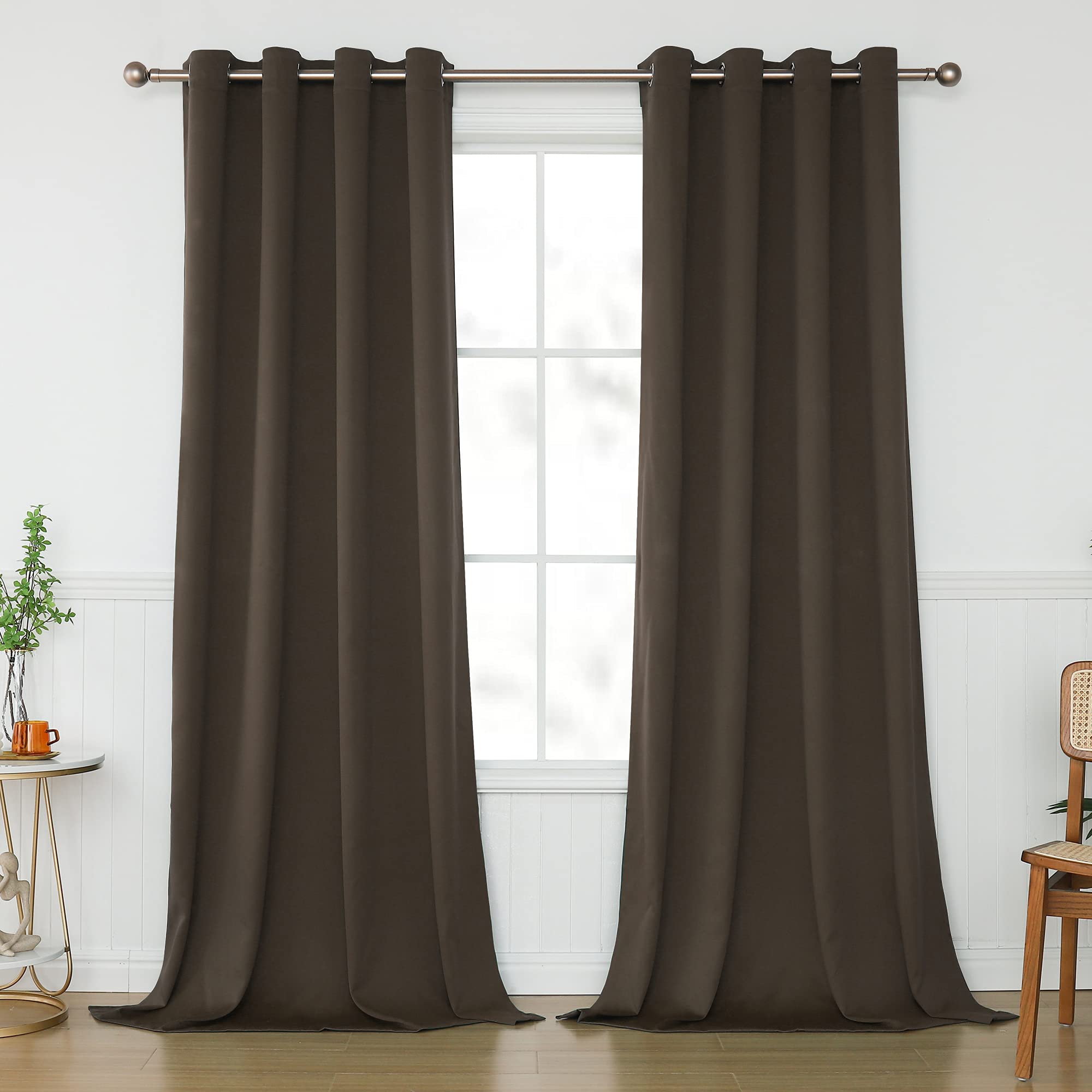 KEQIAOSUOCAI 108 Inch Length Chocolate Brown Blackout Window Curtains Draperies - All Season Thermal Insulated Grommet Block Sun Curtains Drapes for Living Room, 2 Panels, 52Wx108L