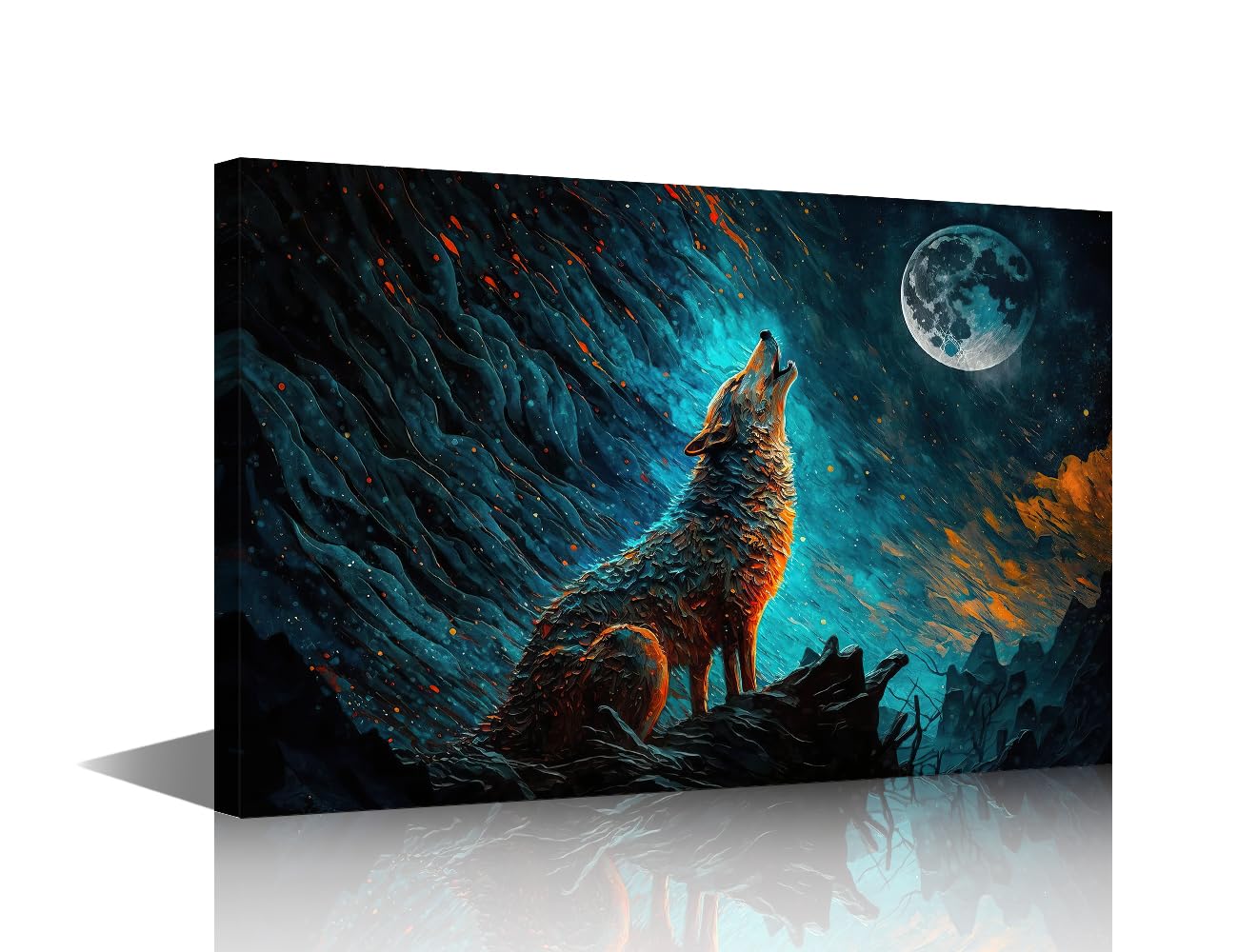 Wolf Wall Art Wolf Howling at Night Prints on Canvas Contemporary Wild Animal Oil Painting Wall Paintings Wall Decoration for Living Room Bedroom Framed 24"x16"