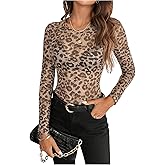 Milumia Women's Leopard Print Mesh Top Round Neck Long Sleeve Slim Fit T Shirts