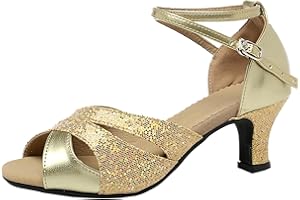 DADAWEN Women's Low Heel Ankle Strap Open Toe Dance Sandals Shoes Pointed Toe Latin Ballroom Salsa Tango Dance Shoes