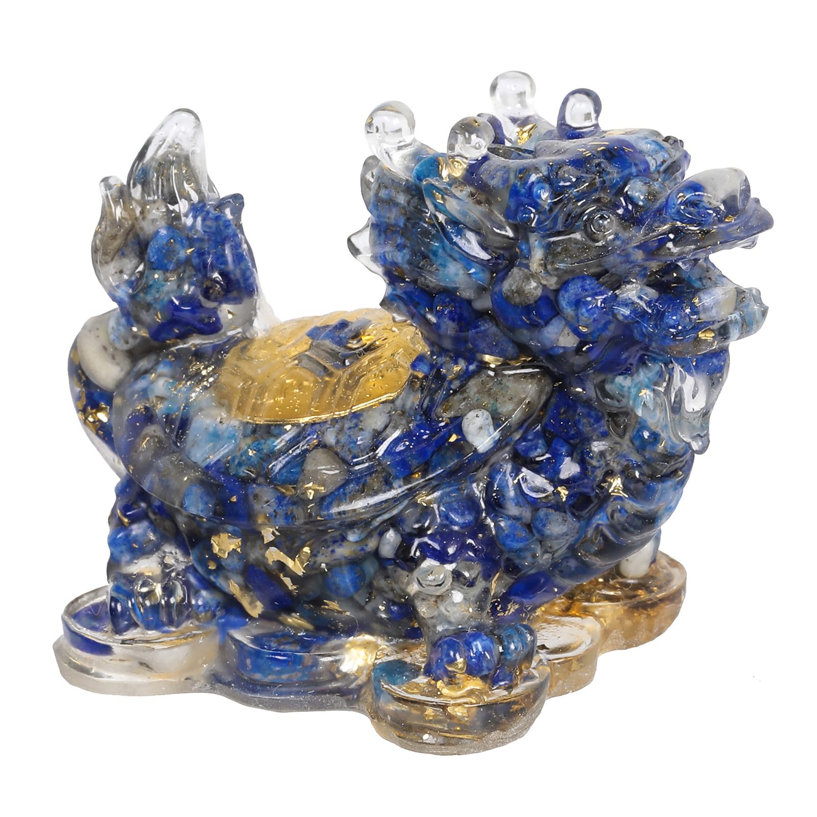 Nupuyai 2pcs Lapis Lazuli Crystal Stone Animal Statue Gold Coin Dragon Turtle Figure Set, Resin Stones Figurine Lucky Feng Shui Wealth Ornament Home Office Decor