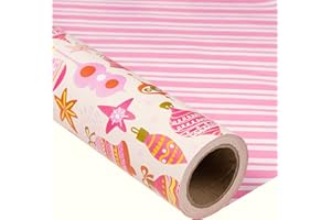 MAYPLUSS Christmas Reversible Wrapping Paper Roll - 17 Inch X 32.8 Feet - Retro Pink Christmas Ornaments and Diagonal Stripes Design Gift Wrap Paper for Christmas, Holiday, New Year Baby Shower