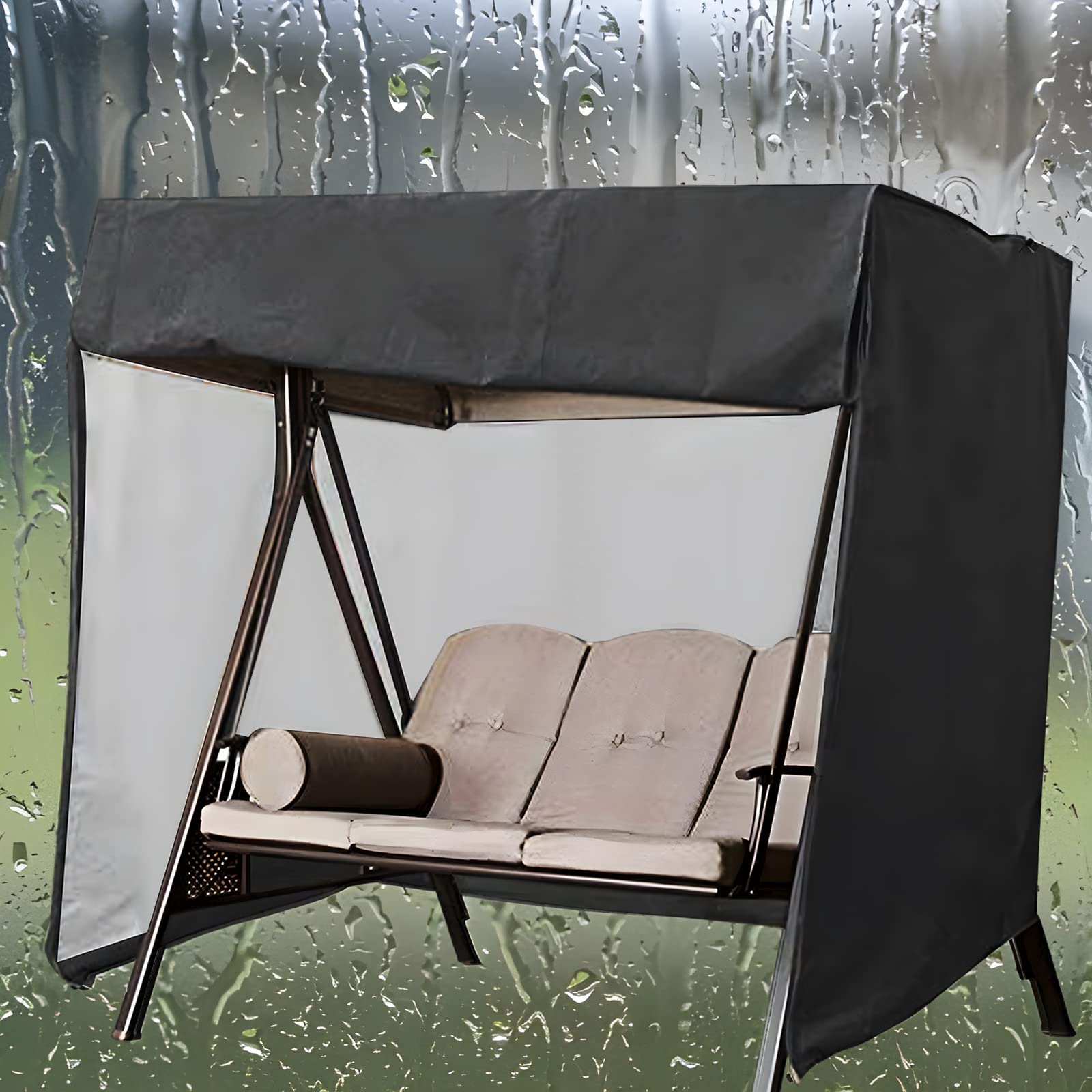 Abdeckung für 3-Sitzer-Gartenschaukel, wasserdicht, für den Außenbereich, Oxford-Gewebe, groß, mit Reißverschluss, 220 x 125 x 170 cm, Schwarz