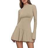 COCCKO Women's Sweater Dress Crochet Ribbed Knit Ruffle Hem Flared Long Sleeve Mock Neck Mini Dress