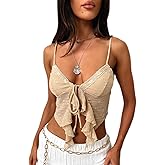 Women's Sexy Lace Up Padded Camisoles Spaghetti Straps V-Neck Ruffle Crop Tops Y2K Cami Shirt Streetwear