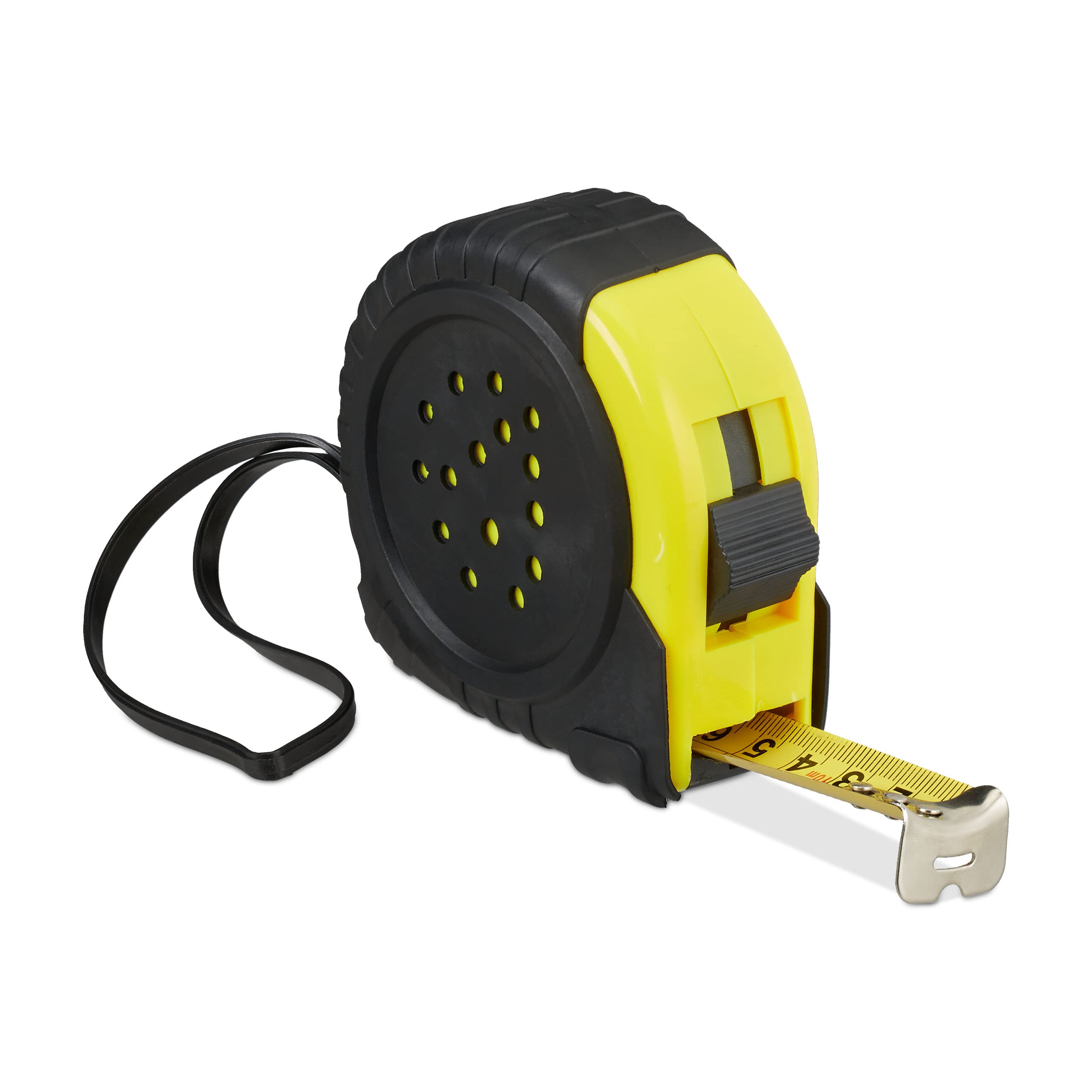 Relaxdays Tape Measure; Retractable Pro Measuring Tool, 10 m, cm & inch, Thumb Lock & Belt Clip, Metal, Black/Yellow