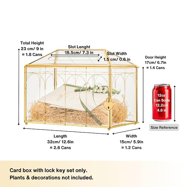 NCYP GLASS CARDS BOX WITH SLOT AND LOCK FOR WEDDING – 12.6″ X 5.9″ X 9″ GEOMETRIC VINTAGE ENVELOPS WISHWELL CARD HOLDER – TABLETOP RECEPTION, BIRTHDAY PARTY DECOR, GOLD (GLASS BOX ONLY)