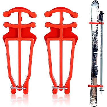 Cross Country Skis and Poles Holder, Universal Ski Pole Clips Holder Ski Pole Carrier Ski Accessories, 1 Pair, Red