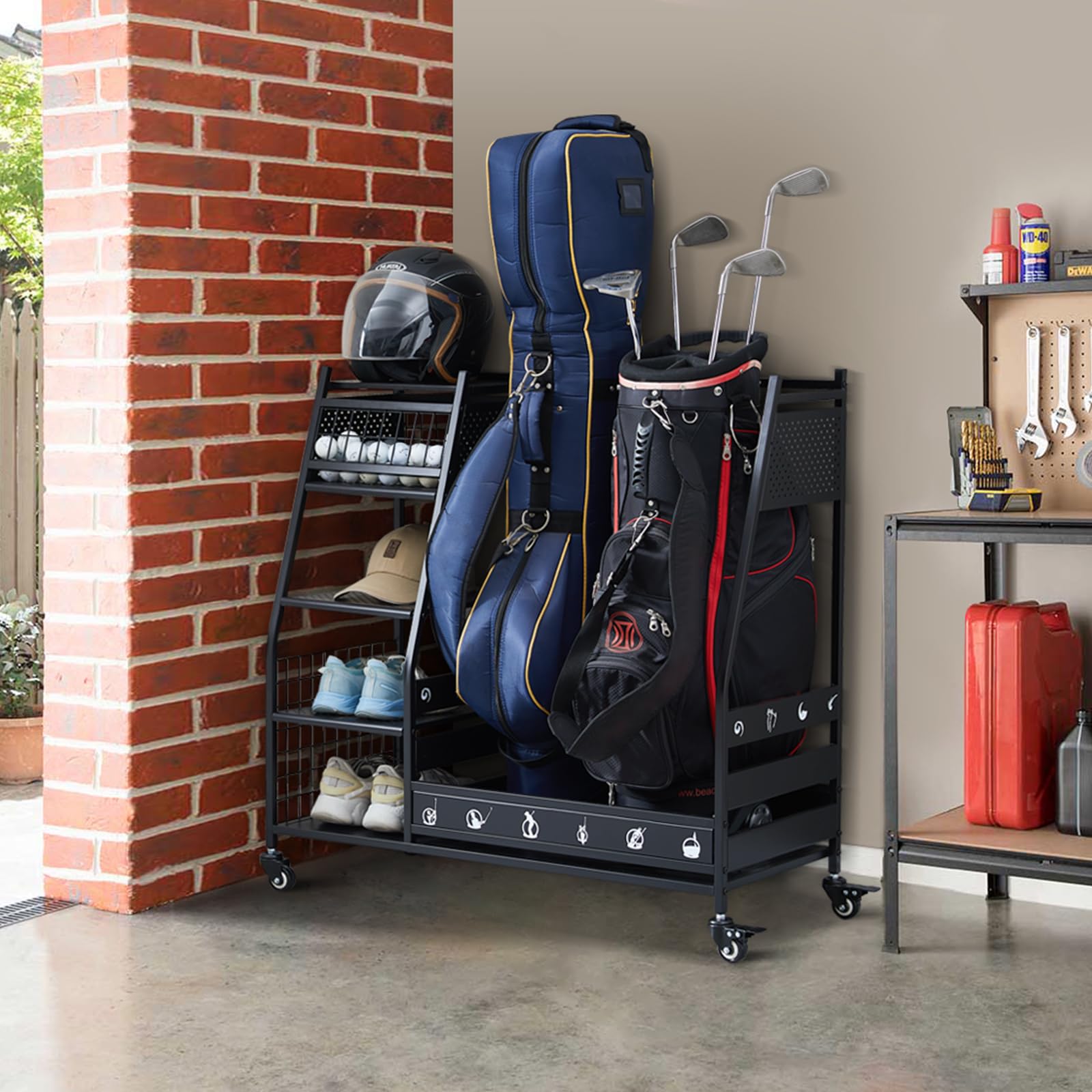 Photo 1 of Lauren&Harold Golf Bag Organizer Garage Storage, Golf Storage Rack Stand Fits 2 Golf Bags, Golfs Clubs and Other Golfing Equipment Accessories, Golf Organizer for Garage, Club, Shed, Basement, Black