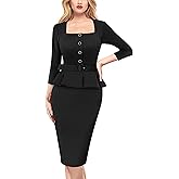 VFSHOW Womens Square Neck Peplum Buttons Belted Business Work Office Slim Pencil Sheath Dress