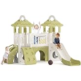 Glaf Toddler Slide Playset, 9-in-1 Indoor Outdoor Playground (Green) | Tree House Play Structure with XL 63-Inch Slide, Climber, Tunnel, Storage, Basketball Hoop and Telescope for Toddlers Ages 1+