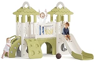 Glaf Toddler Slide 9 in 1 Jungle Slide Outdoor Playset for Toddlers Age 1+ Kids Baby Indoor Playground for Backyards with Climbing Wall Grassroof Basketball Hoop Telescopes and Storage Space (Green)