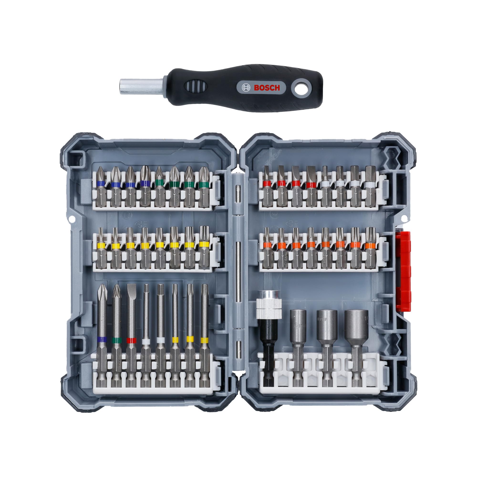 Bosch Professional 45-teiliges Pick and Click-Schrauberbit Mixed Set (PH 1/2/3, PZ 1/2/3, SL 3/4/5/6, HEX 3/4/5/6, T 10/15/20/25/27/30/40, TH 10/15/20/25/27/30/40, Zubehör Bohrmaschine)