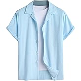 ZAFUL Casual Short Sleeve Button Down Shirts for Men Summer Textured Cuban Lapel Collar Solid Color Lightweight Beach Shirt