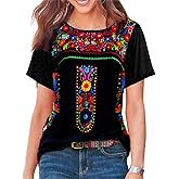 Melliflo Short Sleeve Mexican Tee Shirts for Women Floral Embroidered Loose Tops Ethnic Style Boho T-Shirts