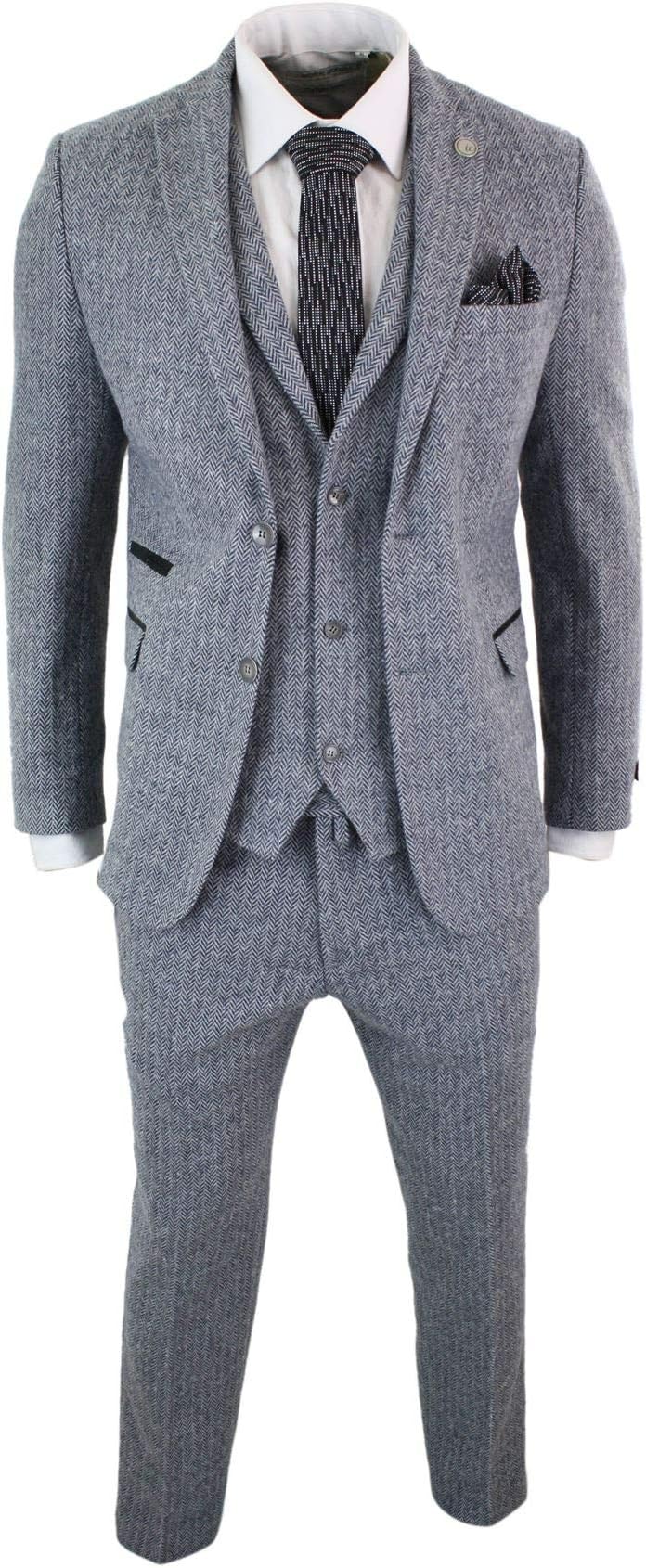 TruClothingMens Light Grey 3 Piece Tweed Suit Herringbone Wool Vintage Retro