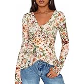 ZESICA Women's Long Sleeve Floral Shirts V Neck Going Out Ruffle Tops Blouses 2026 Fall Fashion Clothes Outfits