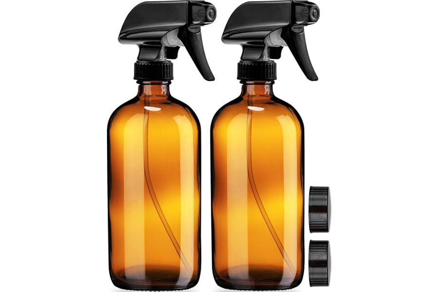 Sally’s Organics Empty Amber Glass Spray Bottles – 2 Pack – Large 16oz Refillable Bottle for is Great for Essential Oils, Plants, Cleaning Solutions, Hair – Durable Nozzle – Fine Mist/Stream Setting