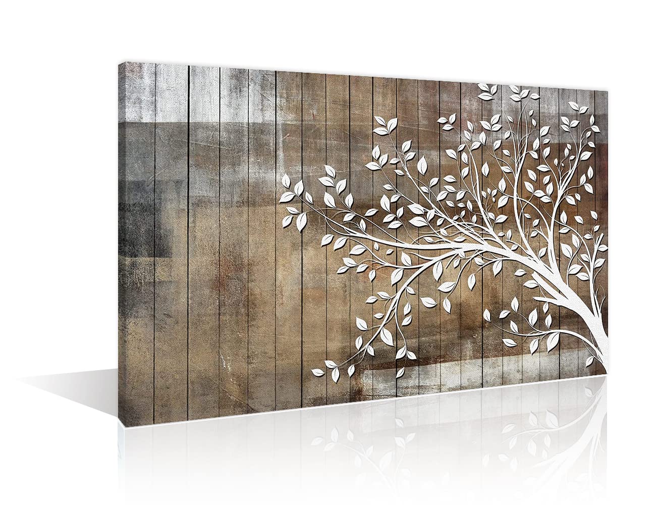 Canvas Print Wall Art White Tree Silhouette with Blowing Leaves Vintage Wood Panels Nature Wilderness Illustrations Modern Art Rustic for Living Room Bedroom Office Décor, 12x8in