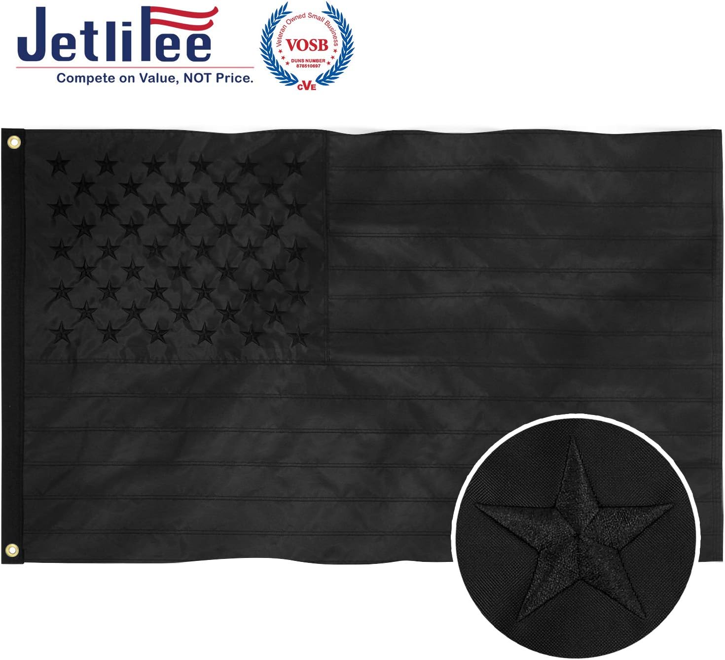 Black American Flags 3x5 Ft, Heavy Duty US Flags with Embroidered Star Sewn Stripes, Brass Grommets Black USA Flag, UV Protection for Outdoors All Black Flag