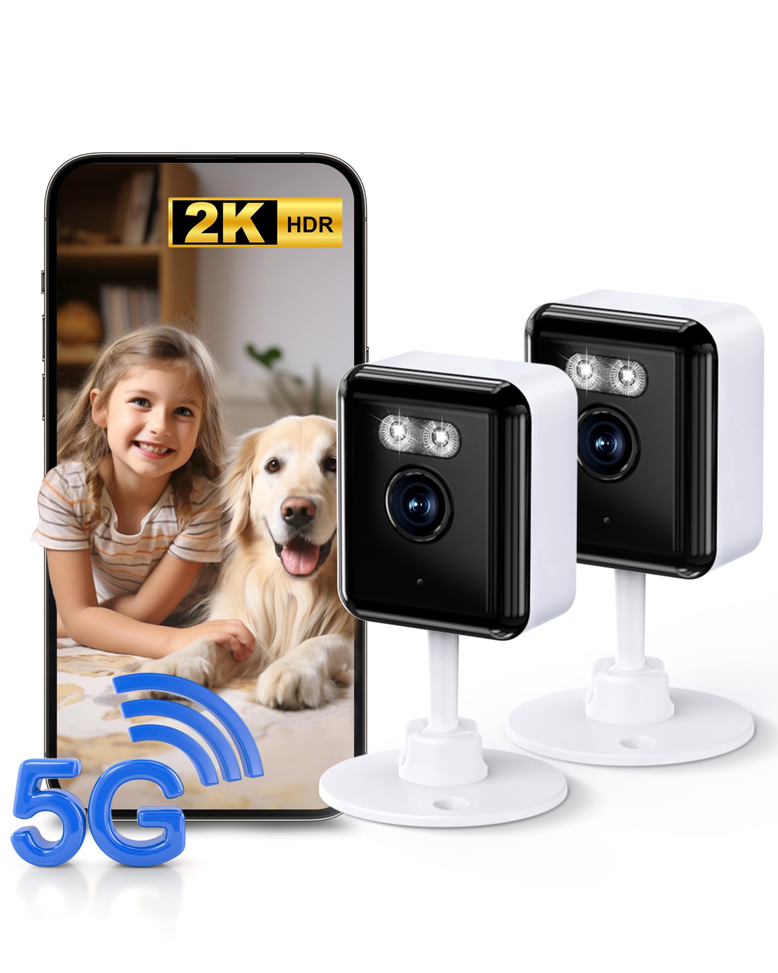 Photo 1 of 2K Cameras for Home Security, 2.4/5GHz Wi-Fi 6 Indoor Camera for Dog/Pet/Nanny/Baby with US Phone App, AI Text Recognition, Smart Search, Color Night Vision,2 Way Talk Mini Cam,Human Detection,2 Packs