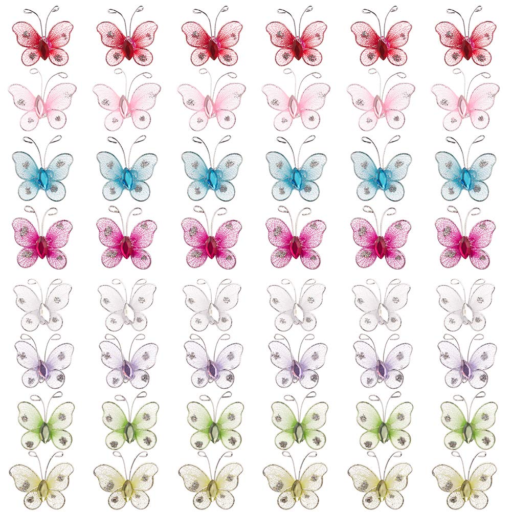 SUNNYCLUE 48pcs 8 Colors 3D Butterfly Stickers Fabric Butterfly with Crystal Rhinestone for Hair Hat Dress Scrapbooks Embellishments Wall Home Crafting Decoration Wedding Party Jewellery Accessories