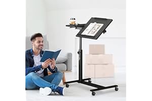 Panta Height Adjustable Rolling Laptop Stand, Overbed Table with 2 Tilting Desktops, Mobile Laptop Table for Couch with Cup Holder, Mobile Computer Workstation for Office, Home and Hospital