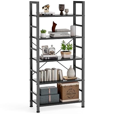 DUMOS 5 Tiers Bookshelf, Classical Book Shelf, Tall Display Shelves in Living Room/Home/Office, Storage Organizer for CDs/Books/Movies, Modern Black