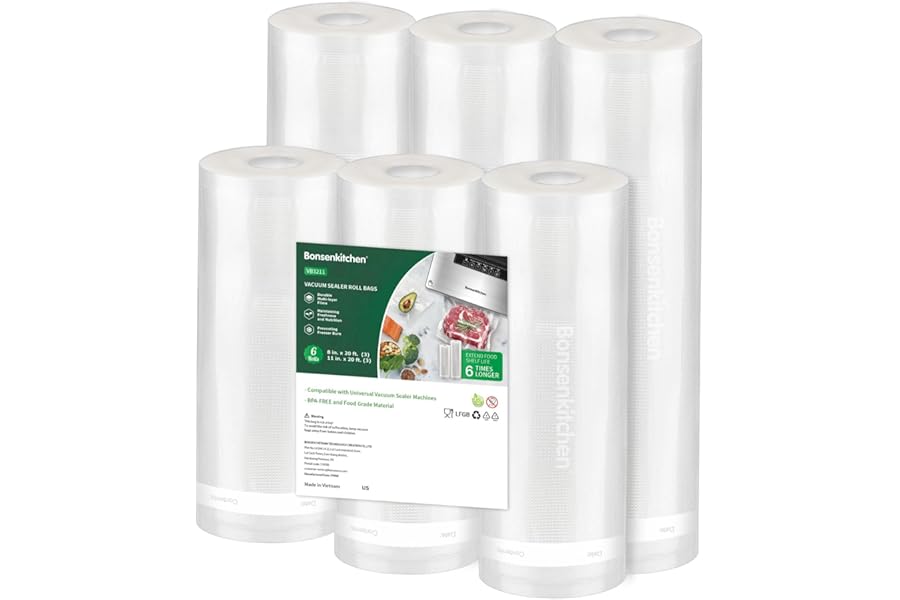 Bonsenkitchen Vacuum Sealer Rolls Bags, 6 Pack 3 Rolls 11" x 20' + 3 Rolls 8" x 20' Commercial Grade BPA Free Bag Rolls, Dura Book