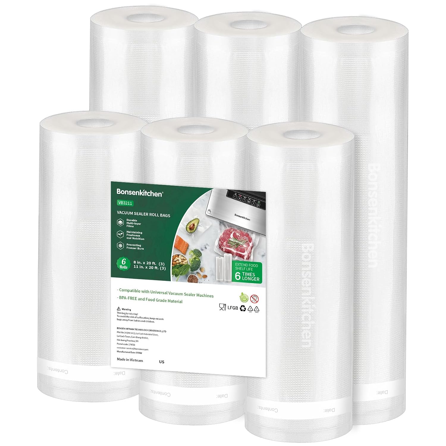 Bonsenkitchen Vacuum Sealer Rolls Bags, 6 Pack 3 Rolls 11" x 20' + 3 Rolls 8" x 20' Commercial Grade BPA Free Bag Rolls, Dura