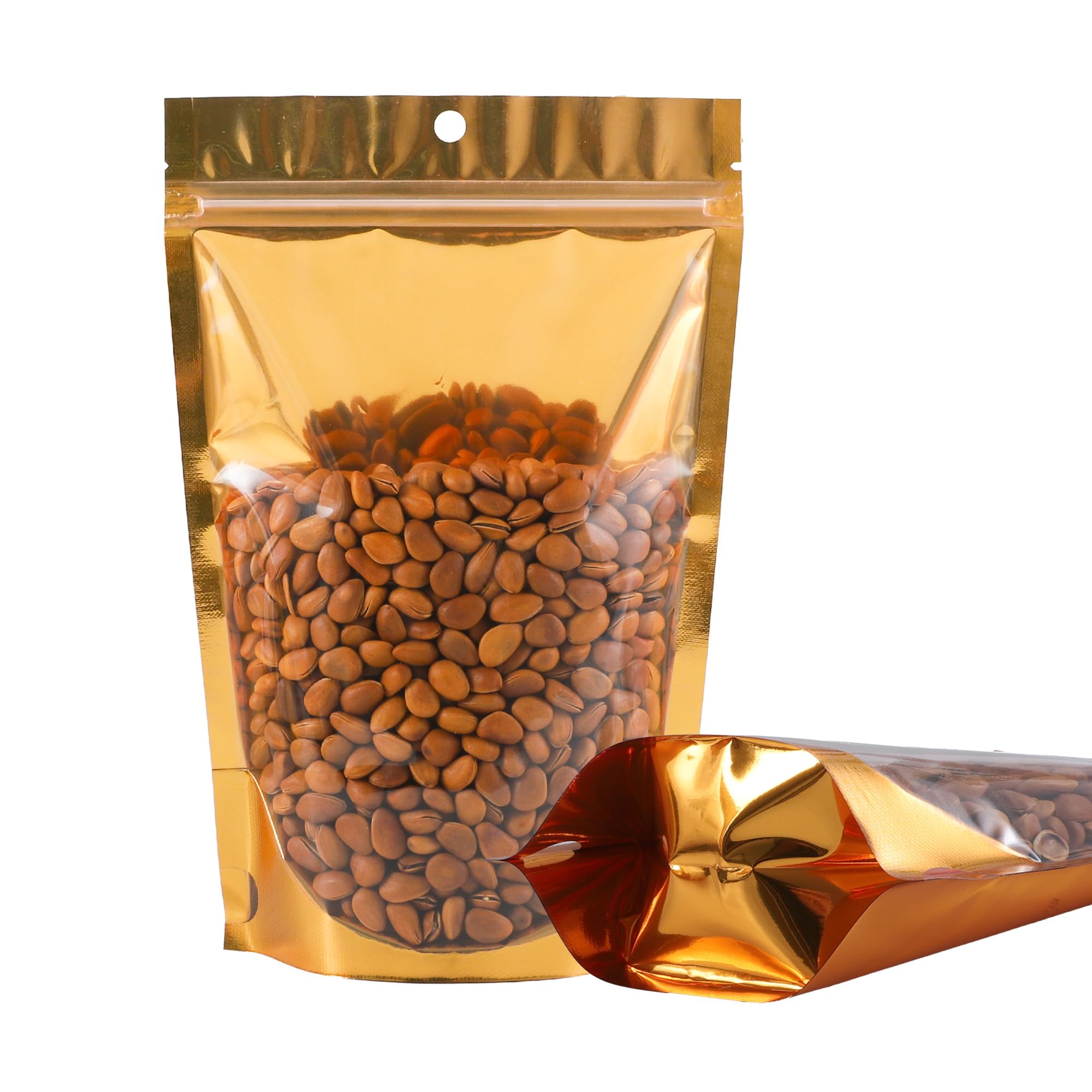 Photo 1 of 100 Pack Smell Proof Bags, Resealable Mylar Bag with Clear Window, Foil Pouch Stand-up for Food Self Sealing Storage, Scratch Resistant Hand Storage. (Gold, 6.3×9.4 inch)