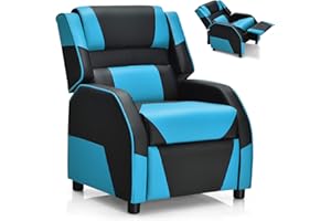 Costzon Kids Recliner, Gaming Recliner Chair w/Footrest, Headrest & Lumbar Support, Ergonomic Leather Lounge Chair for Living & Gaming Room, Adjustable Racing Style Sofa for Children Boys Girls, Blue
