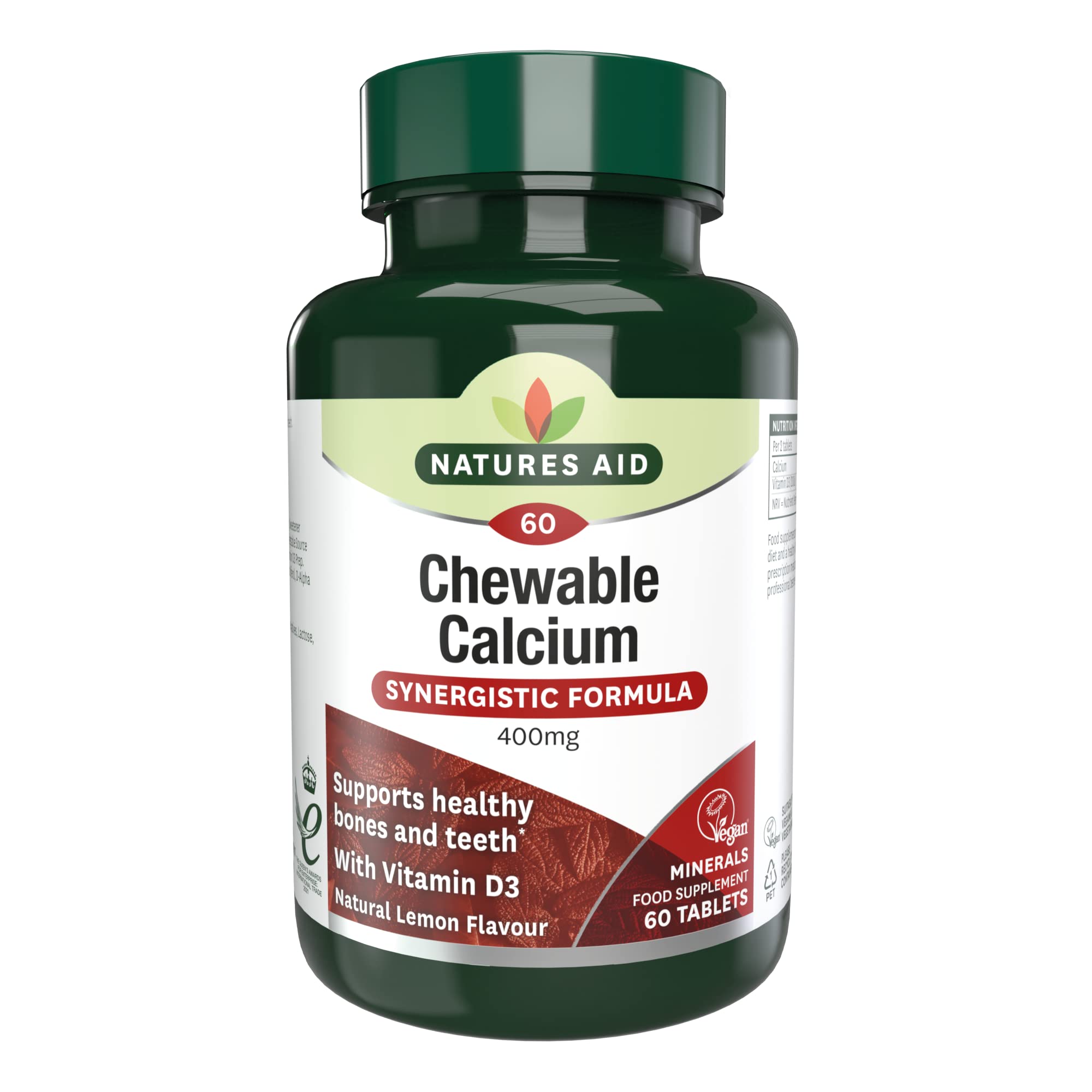 Natures Aid Chewable Calcium 400mg with Vitamin D3 – Supports Bones, Teeth & Immunity – High Strength, Vegan, Non-GMO, Gluten-Free, Natural Supplement – 60 Lemon Flavoured Tablets