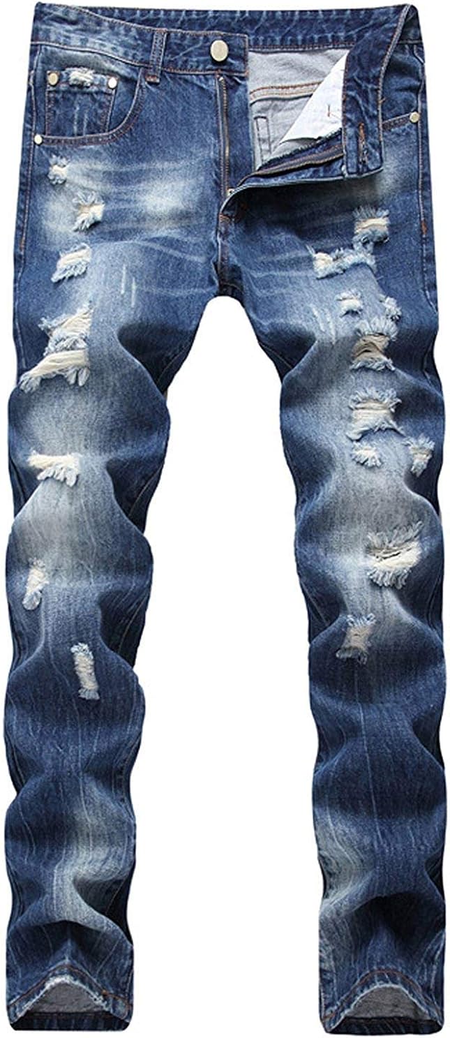 Men's Stylish Ripped Distressed Jeans Slim Fit Straight Leg Denim