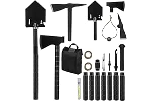 IUNIO Survival Off-Roading Tool Kit, 19 in 1 Folding Shovel, Camping Axe, Multitool, Pickaxe, with Carrying Bag, for Outdoor, Car Emergency (Upgrade Black)