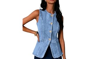 Mina Self 2025 Womens Summer Denim Vest Tops Sleeveless Lightweight Button Down Crewneck Casual Western Fashion Jean Jacket