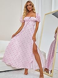 Women's Summer Puff Sleeve Floral Split Maxi Dress