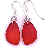 Aimee Tresor Gorgeous Sunset Love Red Recycled Sea Glass Earrings with Handmade Silver Knot on Sterling Silver Hooks, Beautfiul Gift