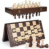 15" Magnetic Wooden Chess Set for Adults with 3" King &amp; 2 Extra Queens &ndash; Portable Folding Travel Chess Board with Storage &ndash; Classic Strategy Game